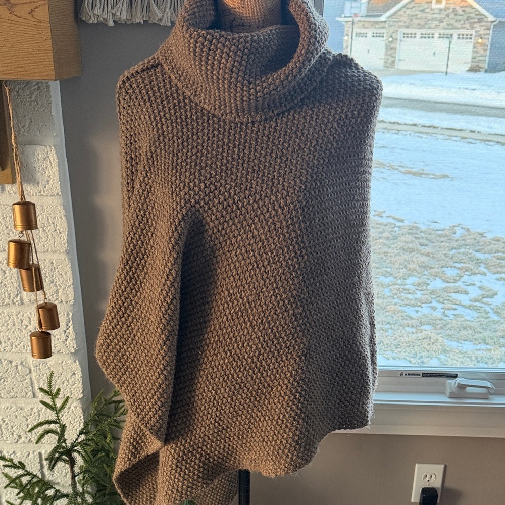 Elegant Brown Knit Turtleneck Poncho